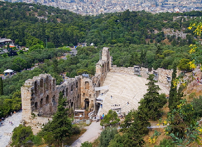 Modern Athens in background of Theater in foreground